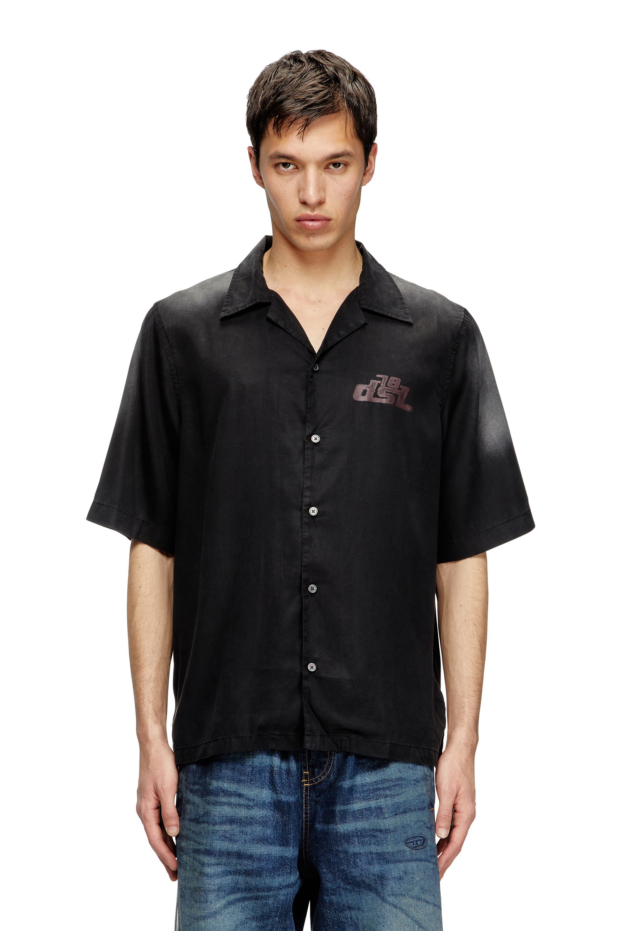 Diesel - S-ELLY, Camicia bowling sfumata con stampe logo Uomo in Nero - 1