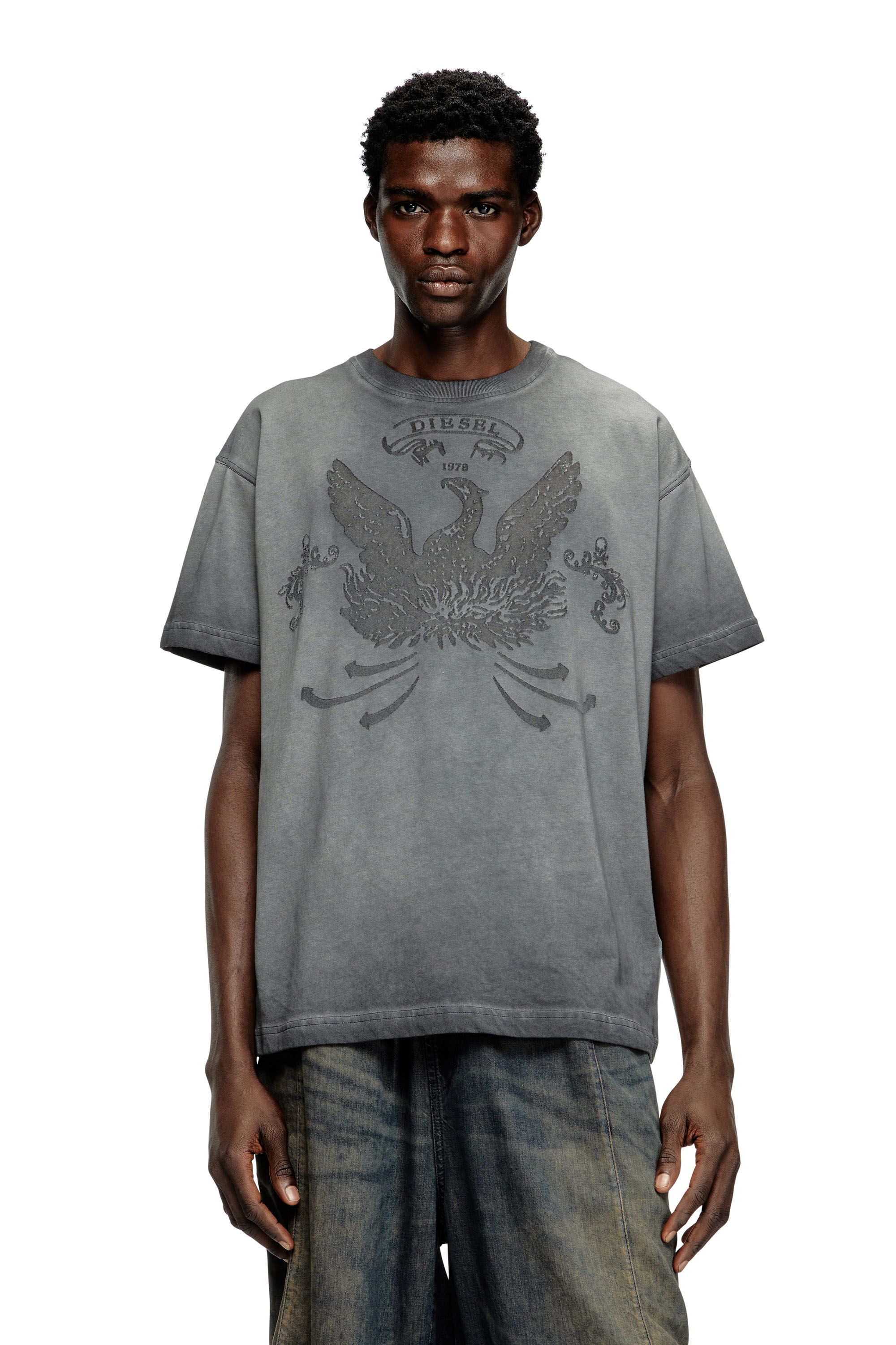 Diesel - T-NORM-T9, T-shirt con fenice dévoré Uomo in Grigio - 1